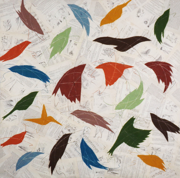 an artwork of colorful birds on yellowing pieces of paper