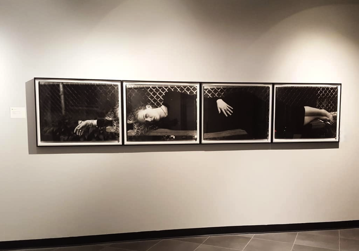 gallery wall with segmented photograph of a woman reclining