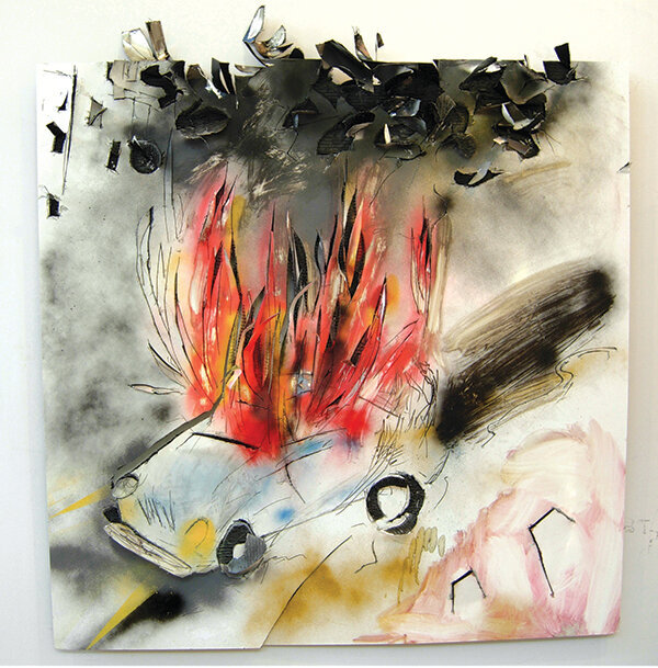 painting of car on fire